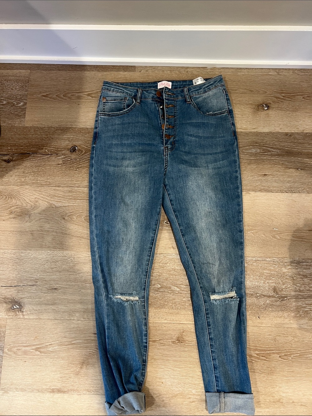 Pink Lily High-Rise Button-Fly Distressed Women’s Jeans - Blue